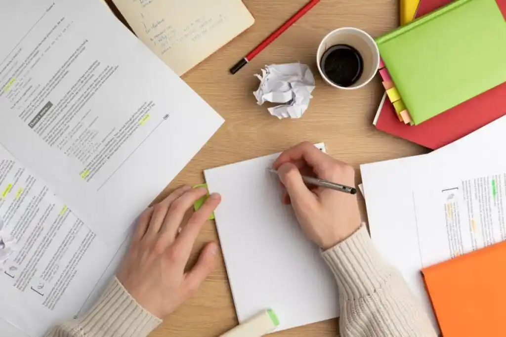 A hand writes notes on paper and colorful notebooks.