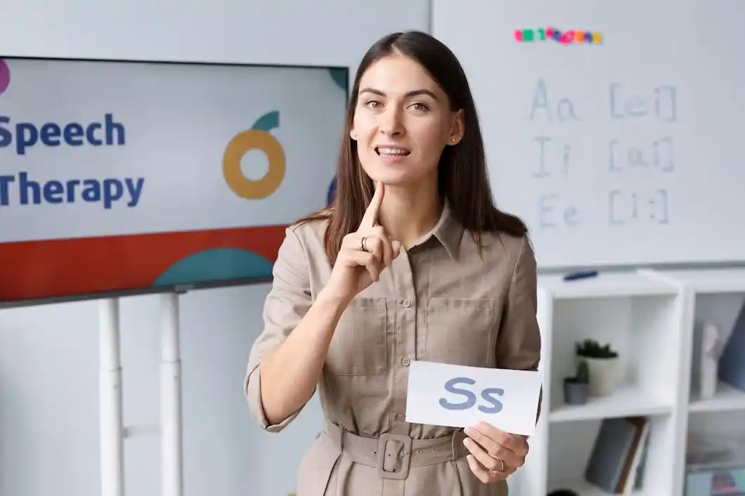 A woman holds a card with the letter 