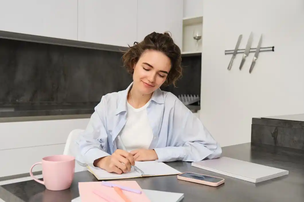 A young person sits at a modern kitchen table, writing in a notebook, surrounded by stationery.