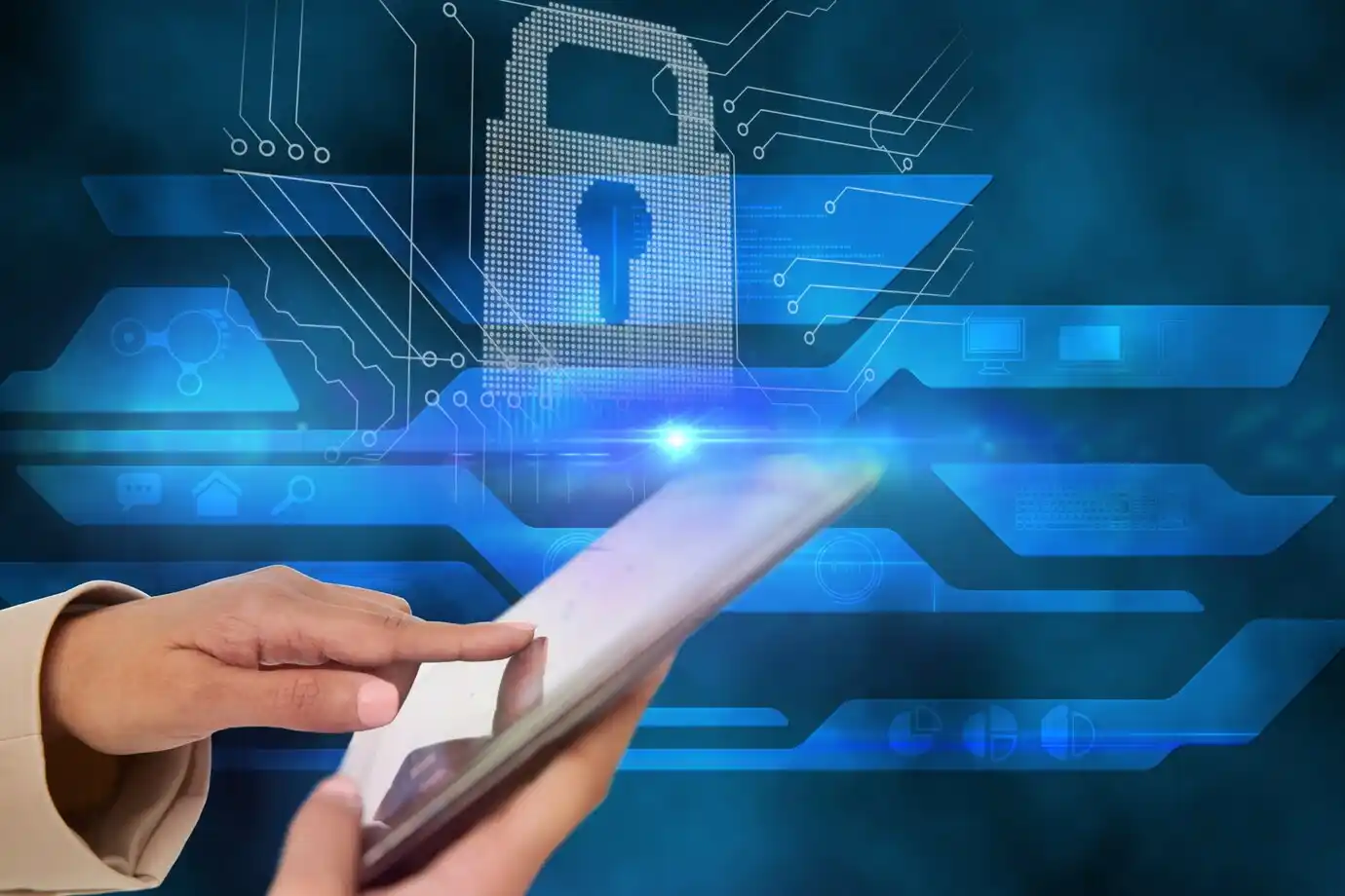  person using a tablet with a digital lock and circuit patterns 