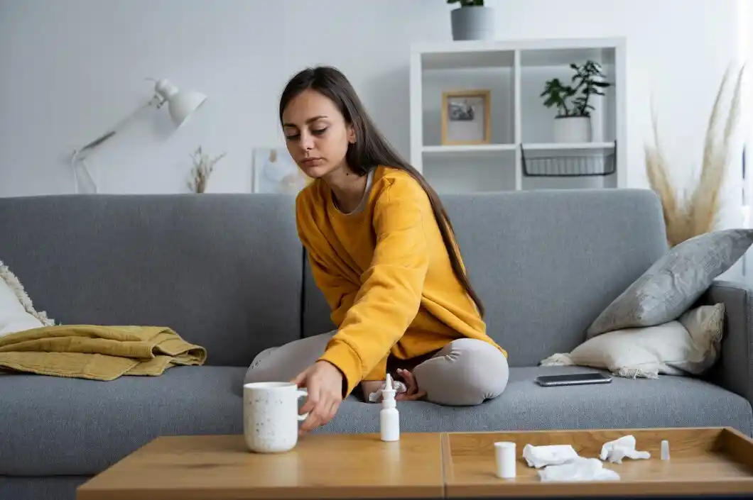 A person in a yellow sweater reaching for a speckled mug on a wooden coffee table.